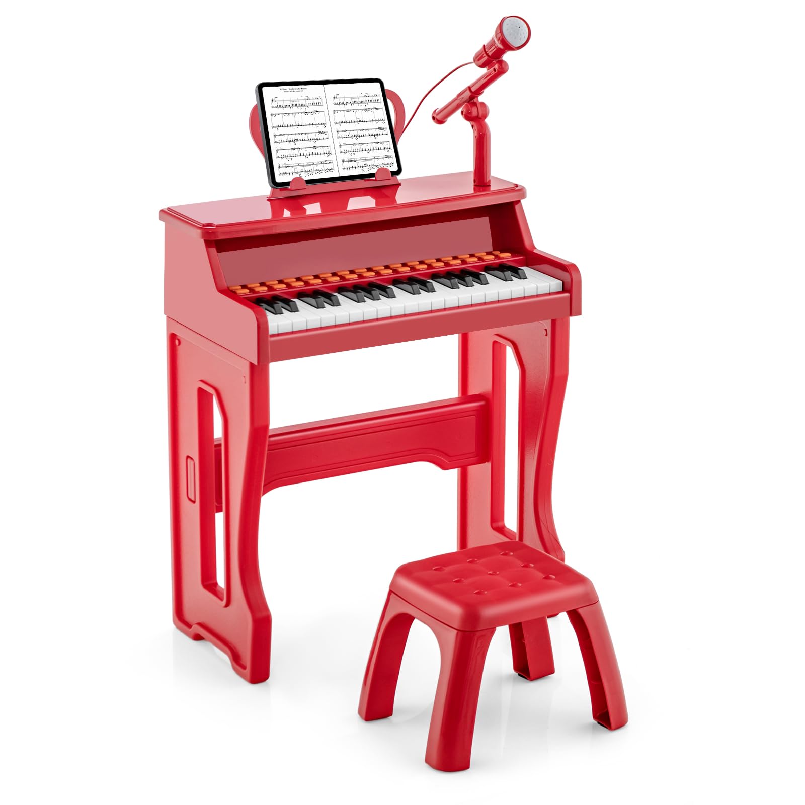 KOMFOTTEU Juego de Piano Infantil de 37 Teclas, Piano Electrónico con Atril Ajustable y Micrófono, Piano Teclado de Piano con Taburete, Teclado para Niños a Partir de 3 Años (Rojo)