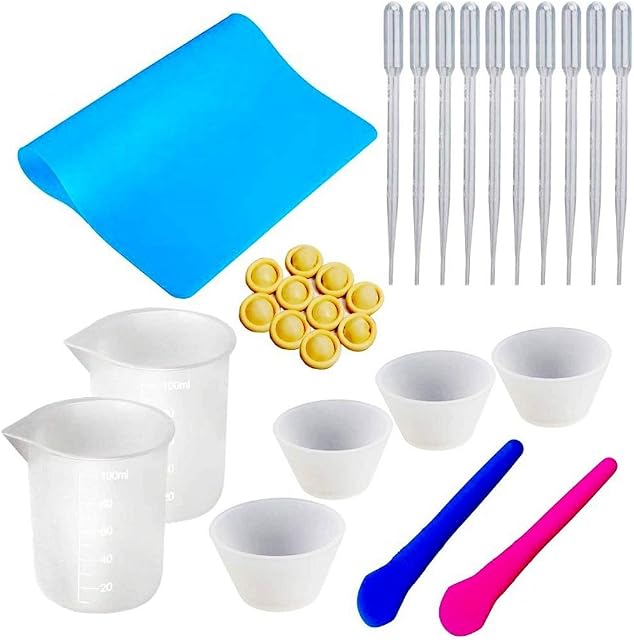 Resin Mixing Cups Tools Kit, 29PCS,Reusable Nonstick Silicone Mat, 100ml Silicone Measuring Cups, Finger Cots, Resin Mix Cup, Stir Stick Pipette