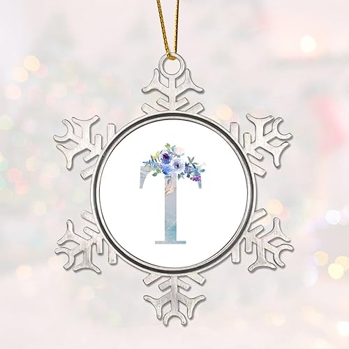 Miniatura 10 de Letra de monograma azul floral de mármol con inicial, adorno de metal, copo de nieve, adorno de Navidad para decoración del árbol de Navidad,