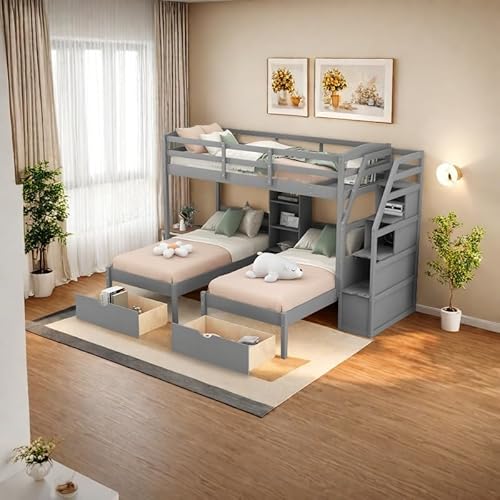 Triple Bunk Bed with Stairs & Drawers, Twin Over Twin Bunk Bed for 3, Staircase with Storage & Built-in Shelves, No Box Spring Needed, Gray