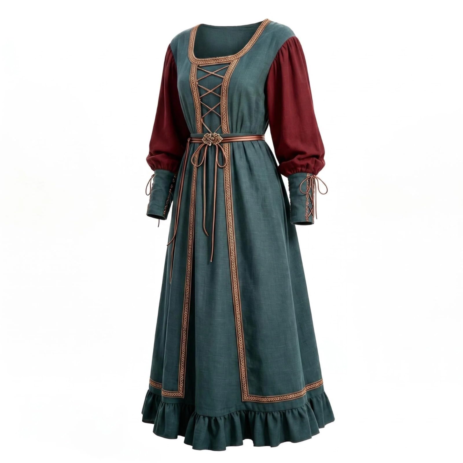 Abbigliamento medievale da donna, a maniche lunghe, gotico, da pirata, vintage, a vita alta, abito da sera, vichingo, rinascimentale, con cintura, per Oktoberfest, cosplay, feste e balli