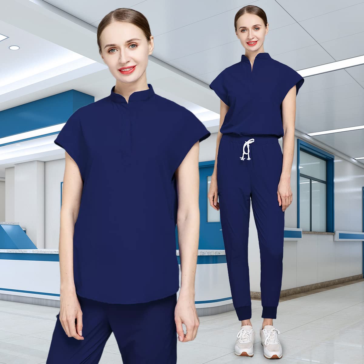 niaahinn Unsex Scrub Suit Set for Women V-Neck & Straight Leg Drawstring Pants Nursing Uniforms for Men Set (4 Colors) (Navy Blue,M,Medium)