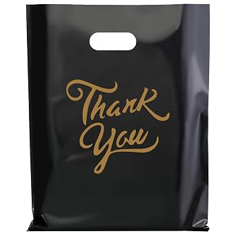 Gute 100 Pack Thank You Merchandise Bags - Extra Thick 2.36 Mil Wholesale Bulk Retail Shopping - Small Business Reusable Plastic Boutique With Handle Black 12"x15"
