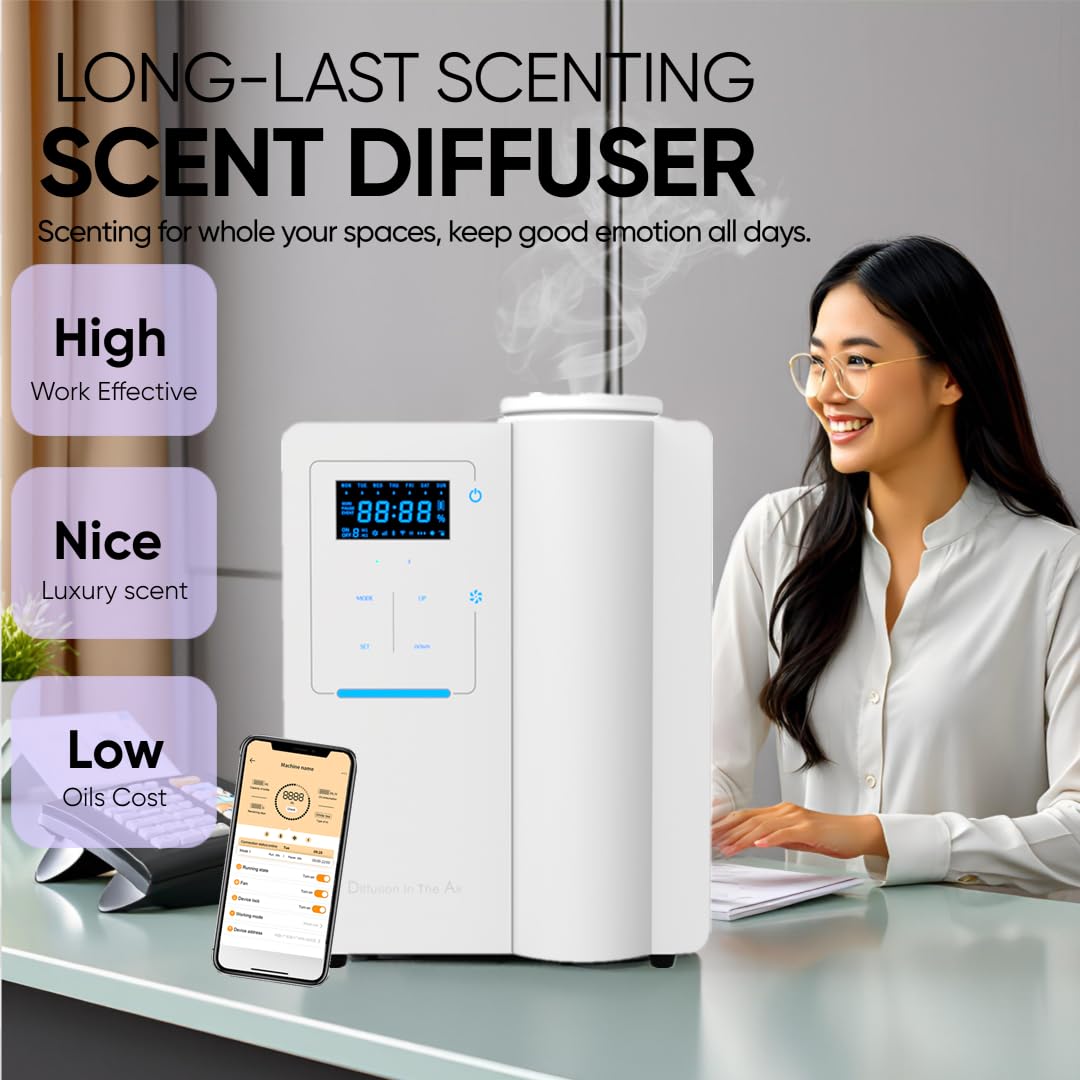 Difusor – Máquina de aroma Bluetooth HVAC para espacios de 7,500 pies cuadrados, difusor de aceite esencial sin agua de larga duración para el hogar, oficina y spa, difusor de aromaterapia con