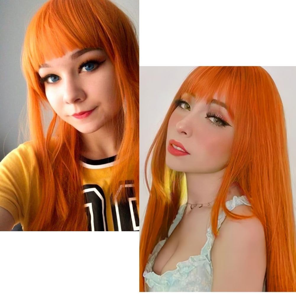 Siudus Orange Long Straight Wig with Bangs Womens Synthetic 28 Inch Natural Hair Wig for Cosplay Daily Use (Orange) - Image 2
