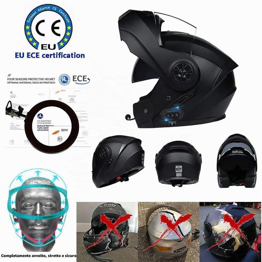 Casco Modulare Bluetooth, per Adulti, Donne E Uomini, Casco Modulare con Doppia Visiera, Casco da Moto Integrato Omologato ECE, Traspirante E Confortevole
