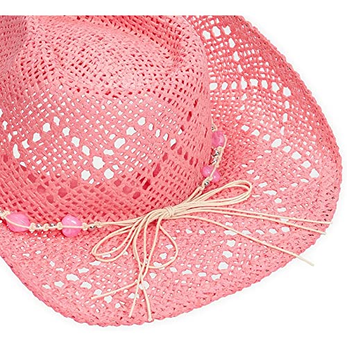 Zodaca Western Straw Cowgirl Hat For Women And Girls, Pink Cowboy Hat With Beaded Heart Trim And Braided Chain For Spring, Summer, Beach, Dress Up Accessories (Adult Size) #TOP5