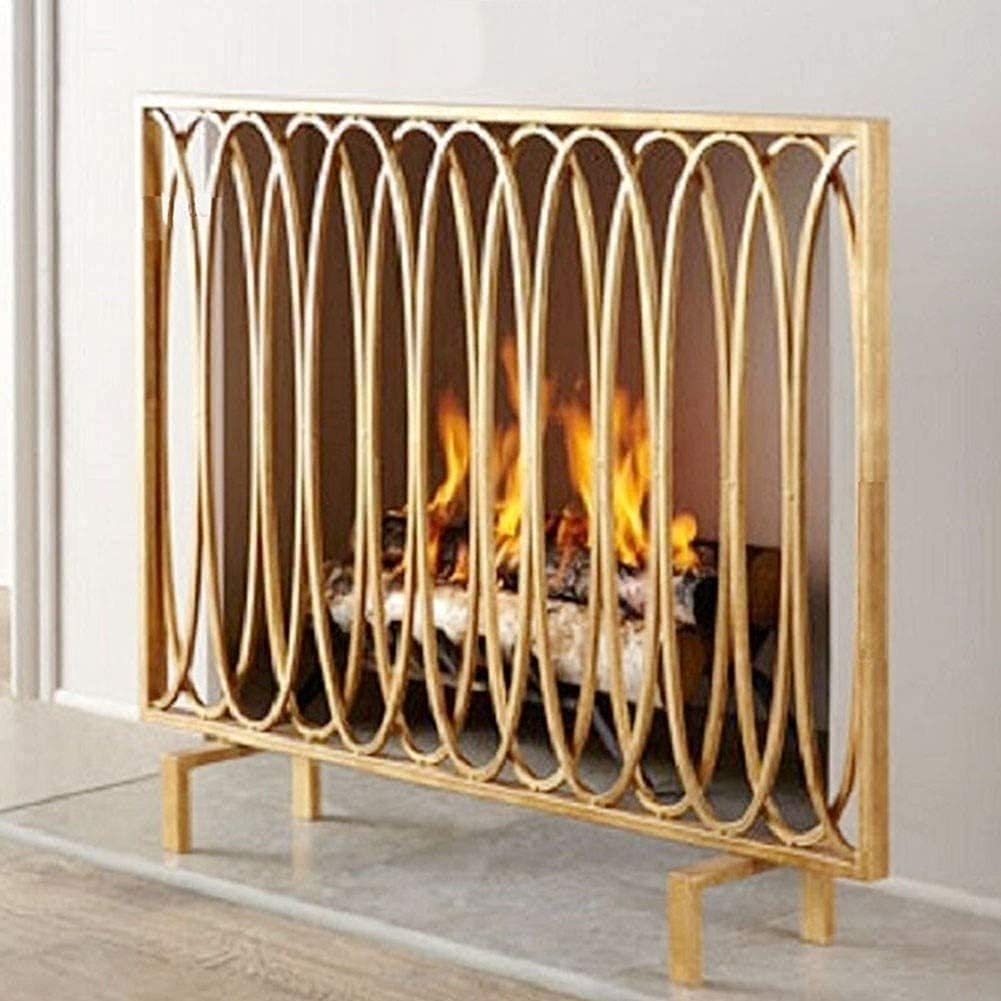 SOVORM Spark Protection Fire Spark Guard Screen Fireplace Screen Baby Safe Fireguard, Single Panle Flat Spark Guard Protector Cover with Metal Decor Mesh, Gold, Extra Tall 75cm The New