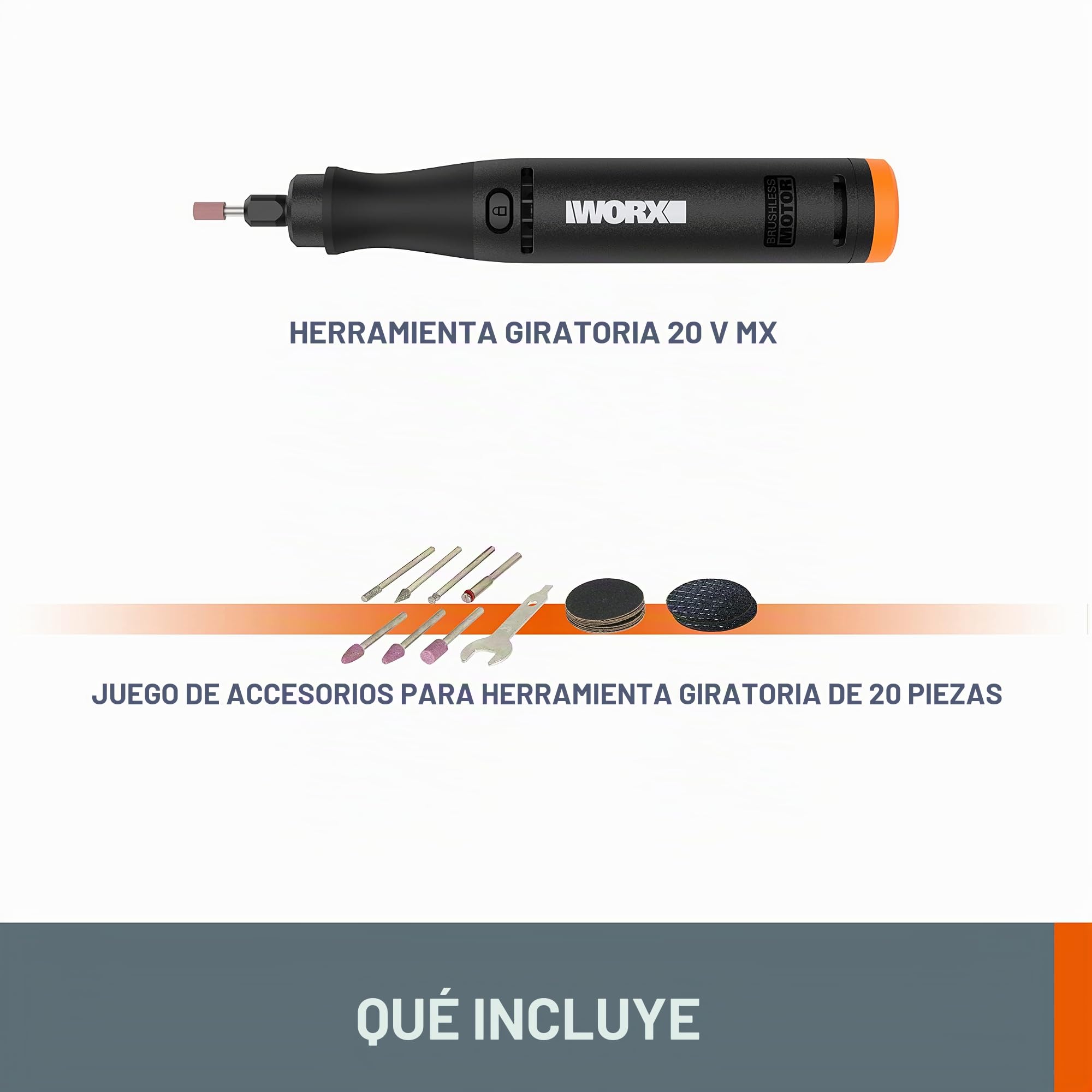 WORX Herramienta rotativa MakerX 20V | PowerShare | WX739.9 - Sin batería, ni cargador | kit de 20 accesorios | 20 accesorios, velocidad de 5.000 a 35.000 rpm y accesorios estándar compatibles