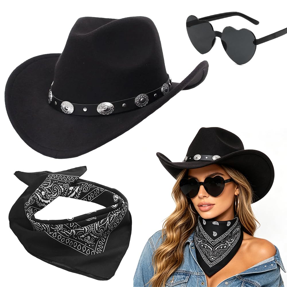 Sombrero Vaquera 3 Piezas Sombrero de Vaquero Accesorios Sombreros Vaquero del Oeste Traje Sombreros Vaquera con Pañuelo Cuadrado y Gafas para Vacaciones Fiestas Temáticas — view 12