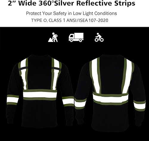 Miniatura 5 de VENDACE Camiseta de trabajo de seguridad de alta visibilidad para hombre, ANSI Clase 2, camisa de manga larga reflectante con bolsillo (negro, 2XL)
