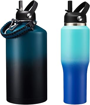 1 Gallon Stainless Steel Water Bottle and 32oz Insulated Tumbler with Straw & Spout Lid, Stainless Steel Water Bottle Leak Proof, Cold-48h Hot-24h Metal Water Flask w/Paracord Handle, Carrier Bag