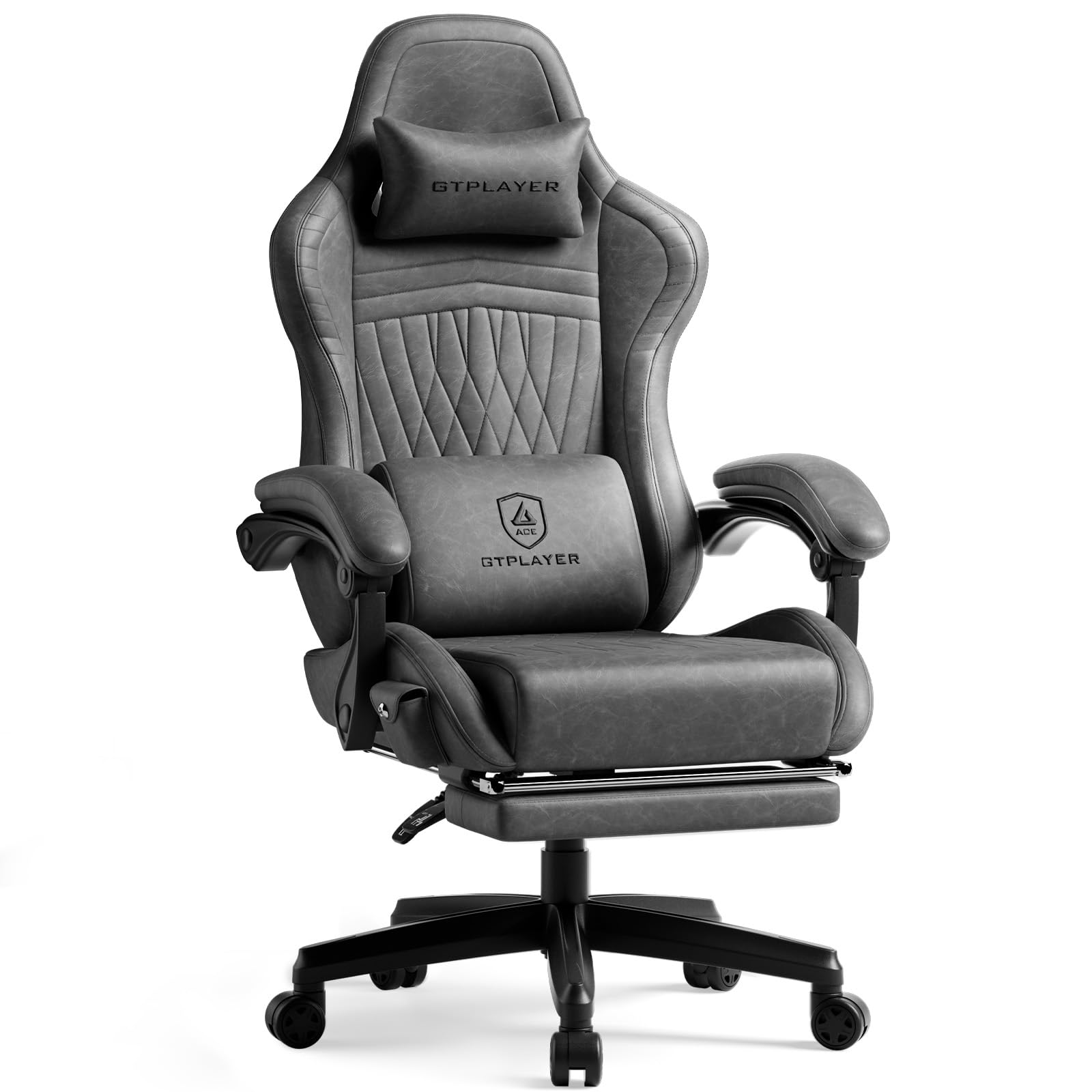 GTPLAYER Gaming Chair with Speakers, Video Game Chairs with Footrest, PC Gamer Chairs for Adults - Padded High Back Ergonomic Reclining Silla Gamer, Linkage Armrest, Ace Pro, Grey