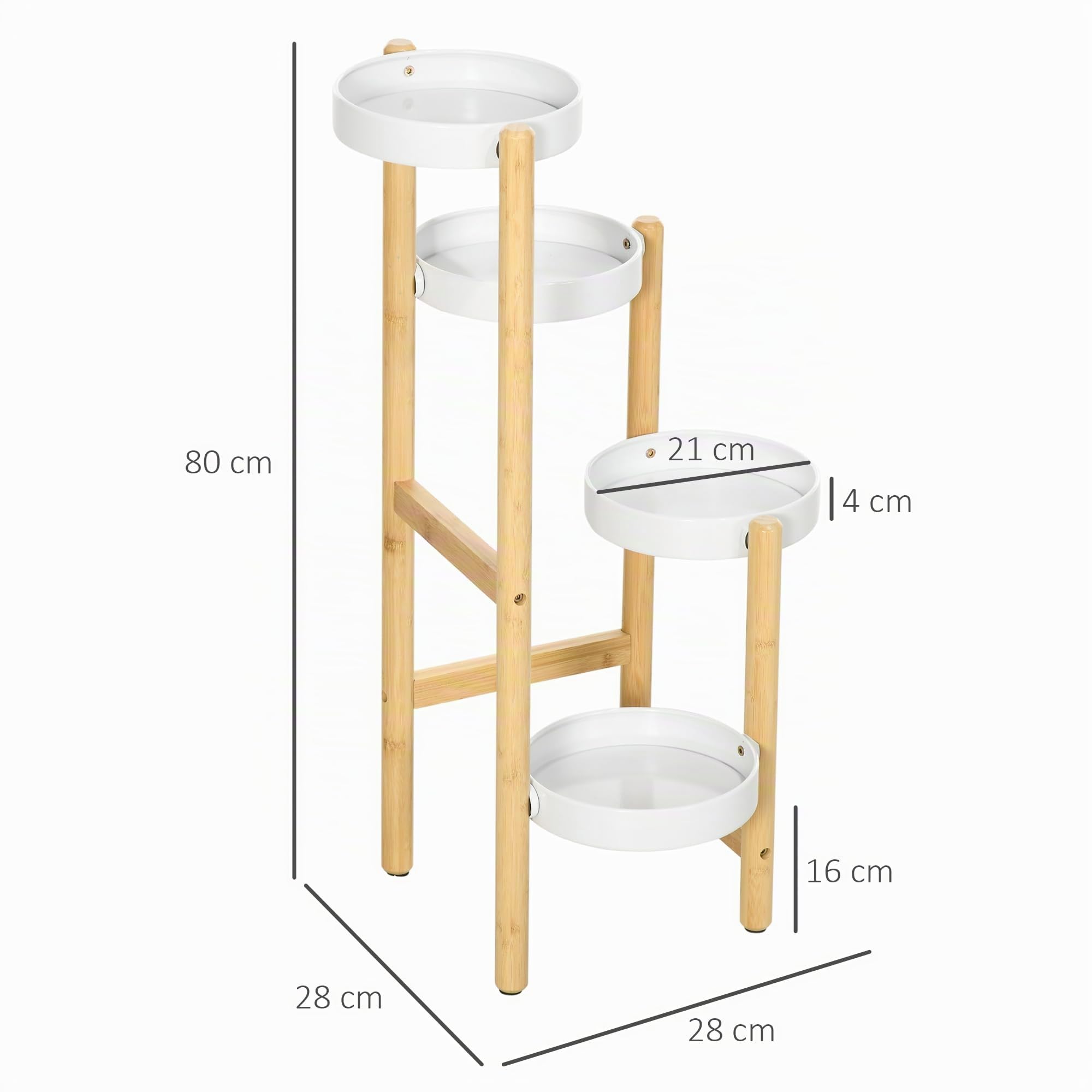 Outsunny Support pour plantes piédestal 4 niveaux 28 x 28 x 80 cm Blanc | Étagère à Fleurs, Étagères Rondes, Bambou et Métal, pour Extérieur Intérieur