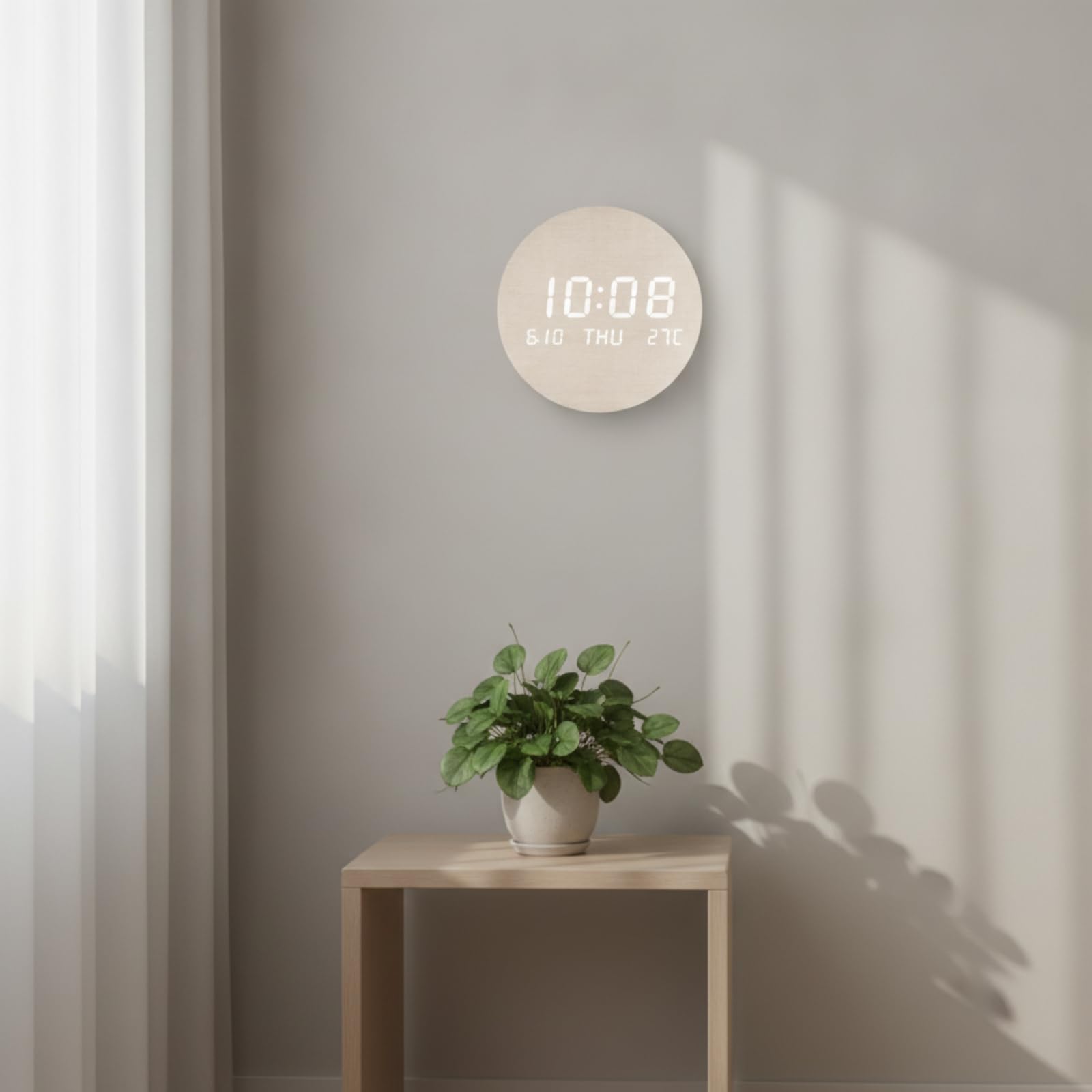 LOVIVER Reloj de Pared Eléctrico Digital Reloj LED Reloj Redondo Reloj Decorativo Moderno con Dígitos Día y Temperatura Visibles Luz Suave por la Noche, Wood