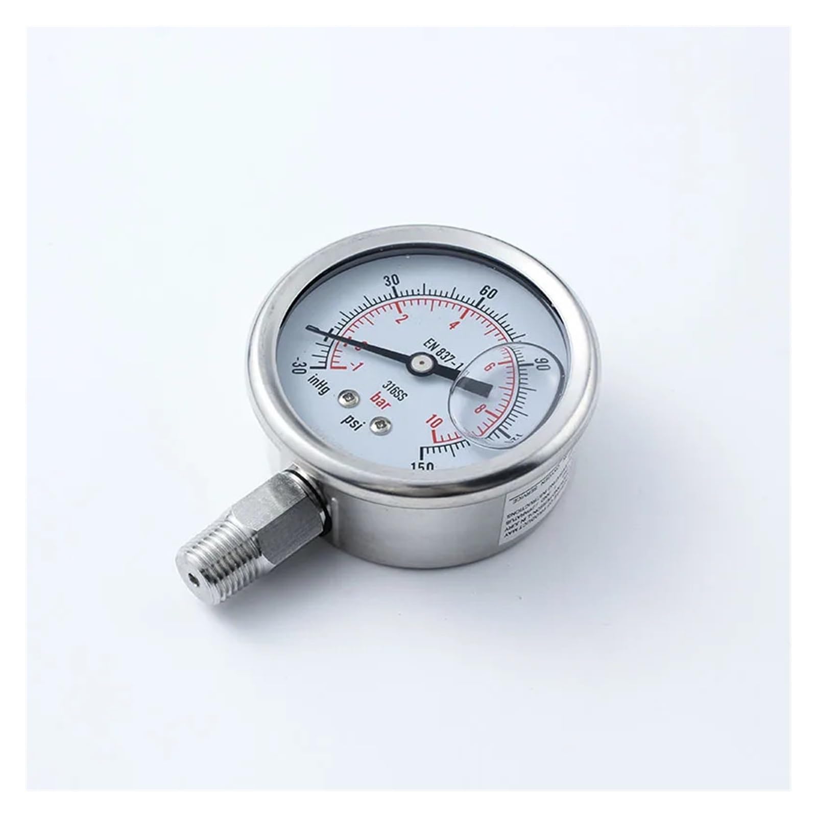 Manometro a Doppia Scala con Base NPT da 1/4" e riempimento di glicerina -1-10 Bar, Prestazioni stabili, Tester di Pressione