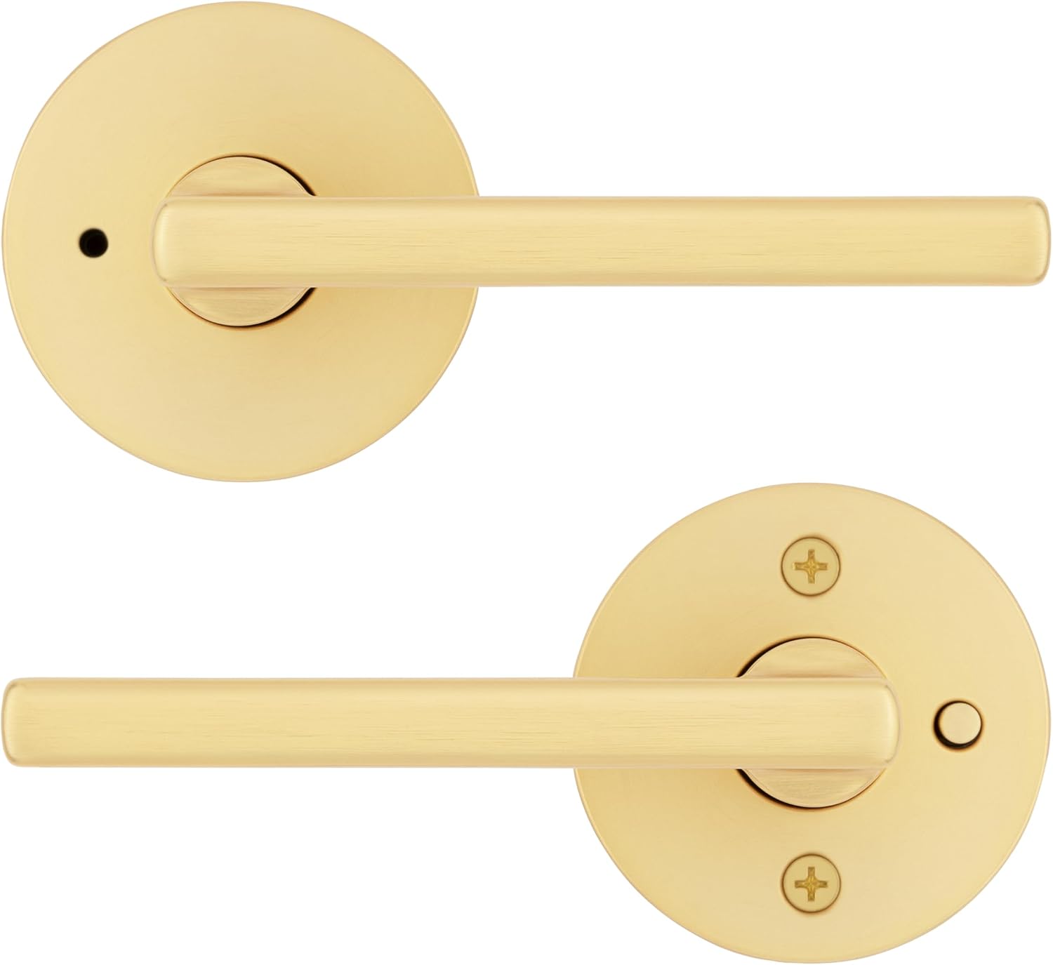 Kwikset Halifax Interior Privacy Door Handle with Lock, Door Lever for Bathroom and Bedroom, Satin Brass Reversible Keyless Push Button Lock Door Lever, with Microban Protection