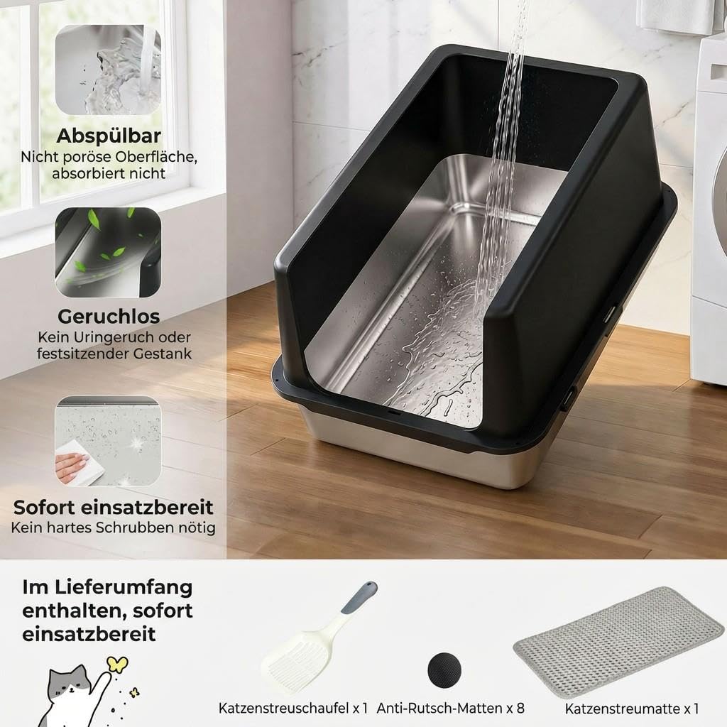 WENBOKMIN Edelstahl Katzenklo XXL mit Deckel, 60x40x30,5cm, Schwarz | Edelstahl, Rostfrei,Hoher Rand 30,5cm, Auslaufsicher,Für Große Katzen,Geruchsfrei, Leicht zu Reinigen