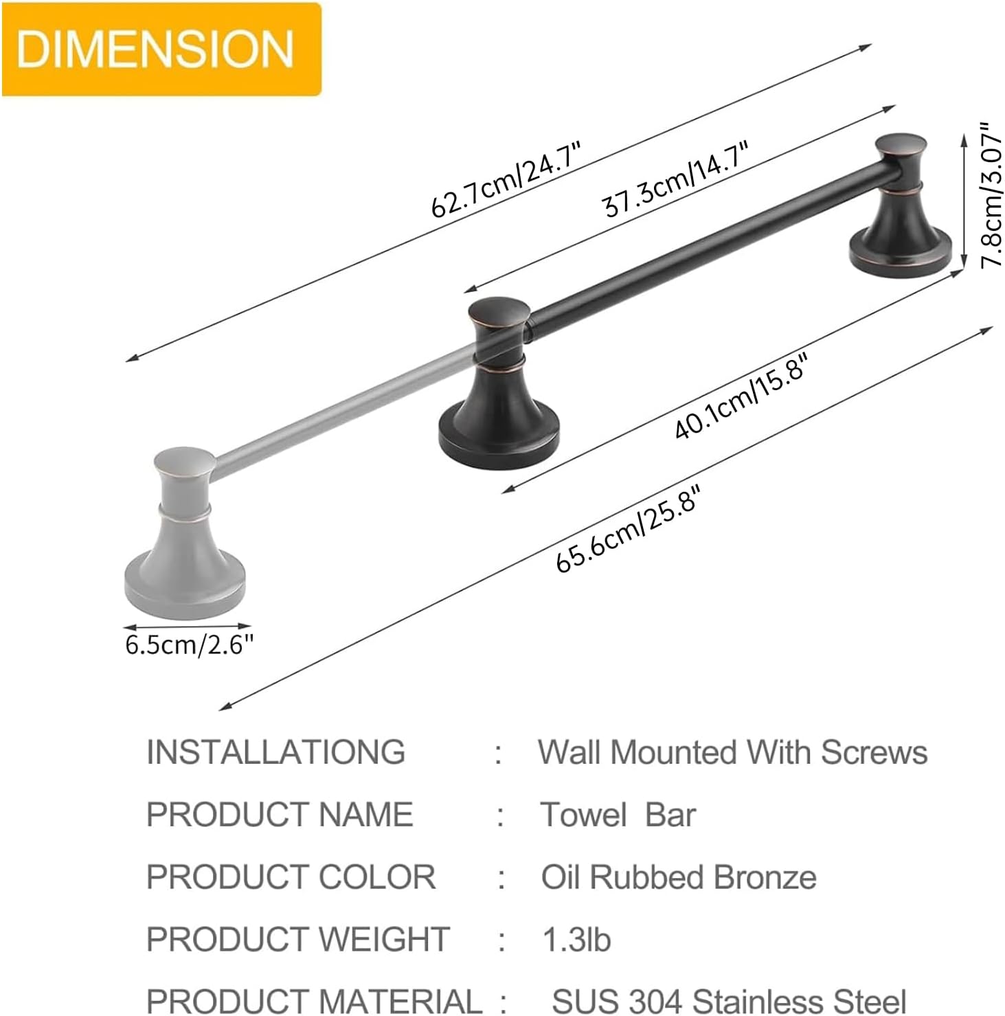 BESy Adjustable Bronze 16 to 26 Inch Bath Towel Bar Rack for Bathroom Towel Holder, Wall Mounted Towel Bar Rod Hanger Bathroom Hardware Accessories Hotel Style, Stainless Steel, Oil Rubbed Bronze - Image 7