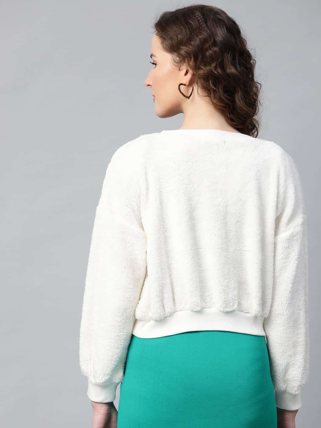 SASSAFRAS White V-Neck Faux Fur Crop Sweatshirt 1