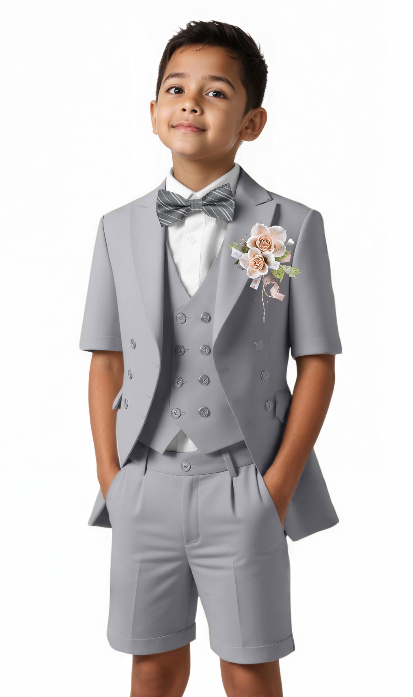 Photo 1 of Grey Suit for Boy Shorts Kids Fromal Suits Slim Fit Toddler Tuxedo Blazer Vest Pants Shirt Wedding Outfit Set Tie Size 6