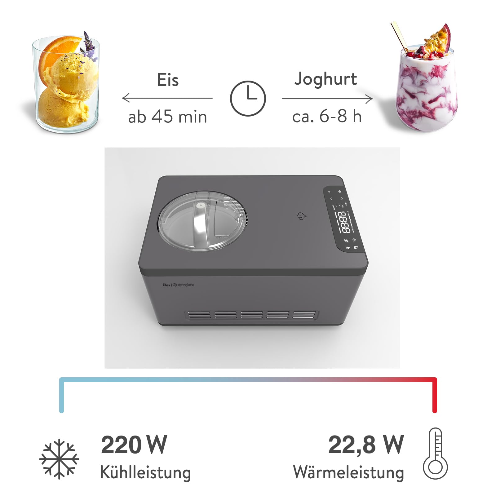 Springlane Kitchen Máquina de helados y yogur Elisa 2,0 L con compresor autoenfriante de 220 W, de acero inoxidable con función de refrigeración y calefacción (Elisa Antracita, máquina de hielo)