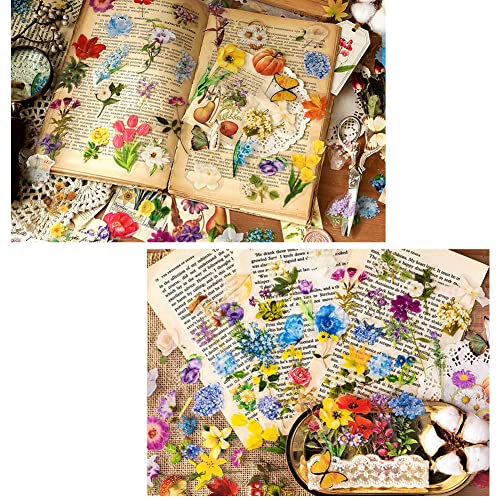 100Pcs Vintage Aesthetic Flower Scrapbooking Stickers Set - Eamotol Pet Transparent Purple Floral Plant Junk Journals Supplies For Daily Planner Bullet Album Card Diy Crafts Gift #TOP6