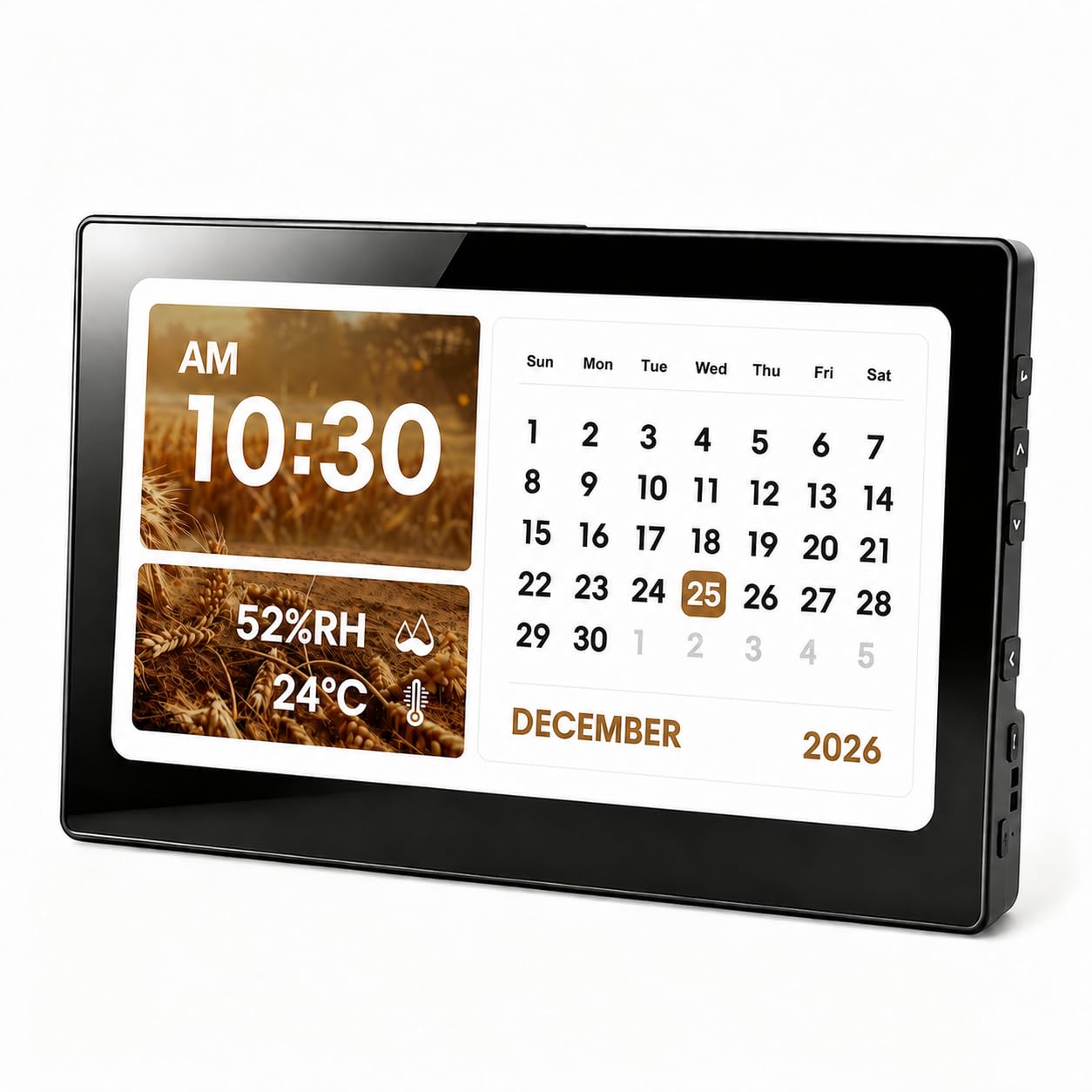 Roxicosly 10.1' Digitaler Kalender, Digital Uhr mit 20 Alarmen & Erinnerungen, 12 Themen, 12/24HTemperatur & Luftfeuchtigkeit, Dimmbar & 6 Sprachen, USB & SD, Wecker Digital für Senioren