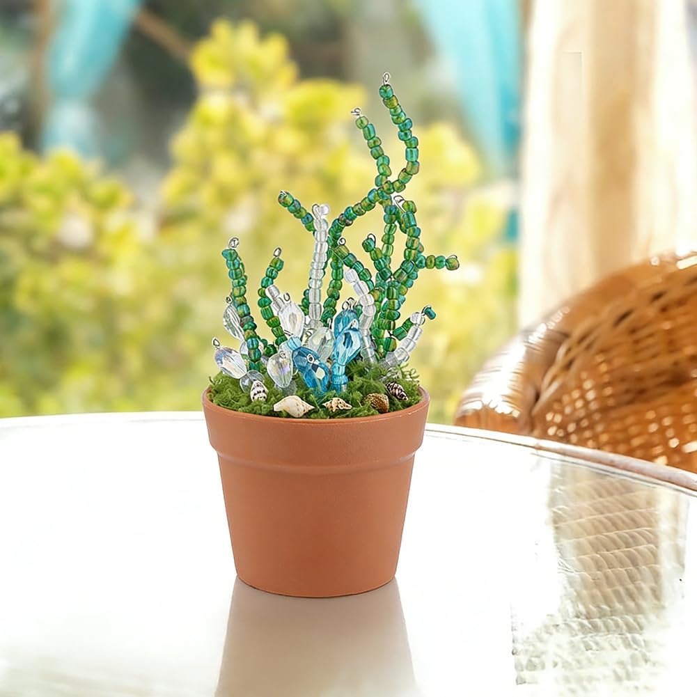 555Pcs Glass Beaded Plant Kit Forever Plant Making Kit with Pot Artificial Moss Wire Faceted Crystal Ocean Shell Beads for Succulent Jewelry Making Bracelet Necklace Earrings DIY Crafts