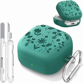 Flower Engraved for Samsung Galaxy Buds 4 Pro Case and Buds 4 Case 2026, Soft Silicone Case Cover with Cleaning Kit & Metal Keychain for Women Girly Men, Shockproof, Pine Green
