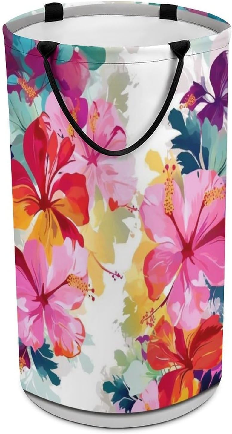 Hawaiian Flower Print Laundry Basket Freestanding Laundry Hamper with Handles Waterproof Dirty Clothes Hamper Collapsible Washing Bin Aesthetic Clothes Basket for Bathroom Bedroom Dorm