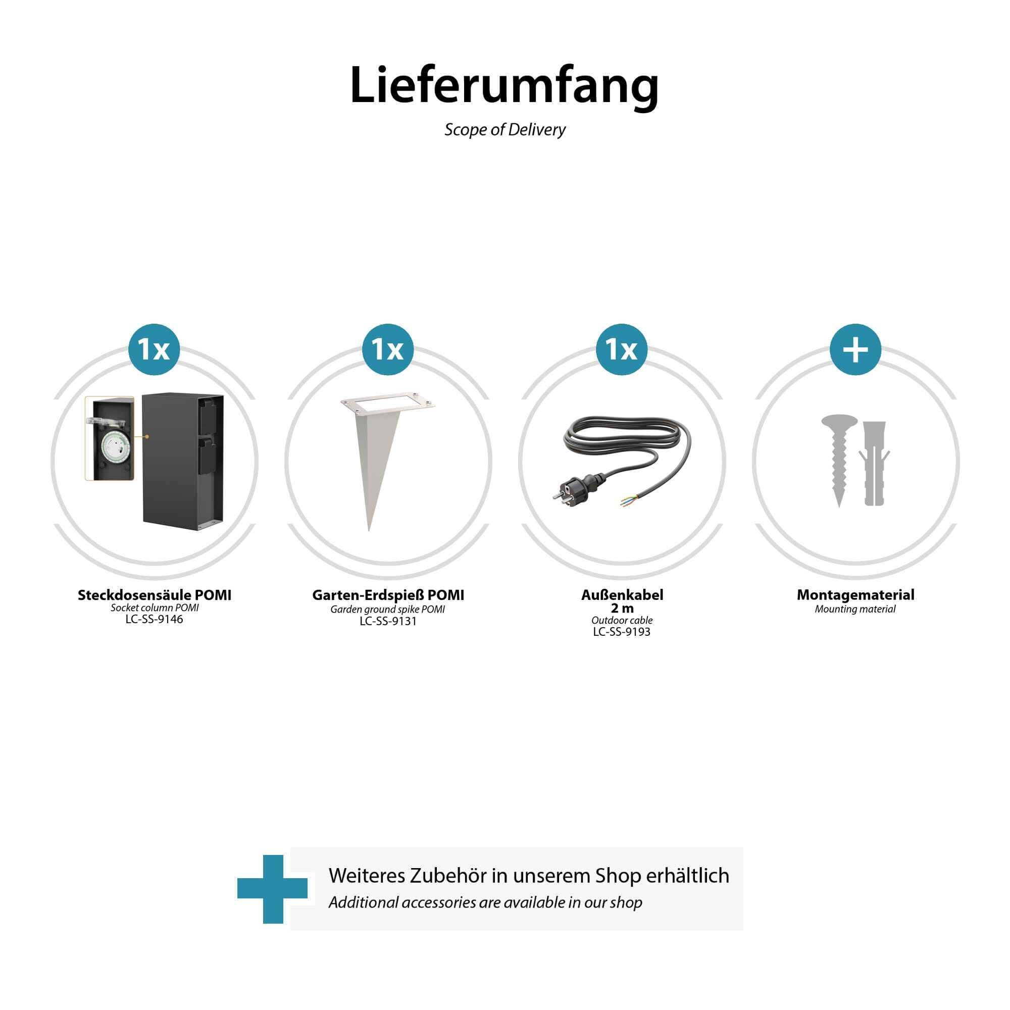 ledscom.de Garten-Steckdosensäule POMI mit Erdspieß und 2m Kabel für außen, IP44, Timer/Zeitschaltuhr, 2-Fach, anthrazit, eckig, 23cm