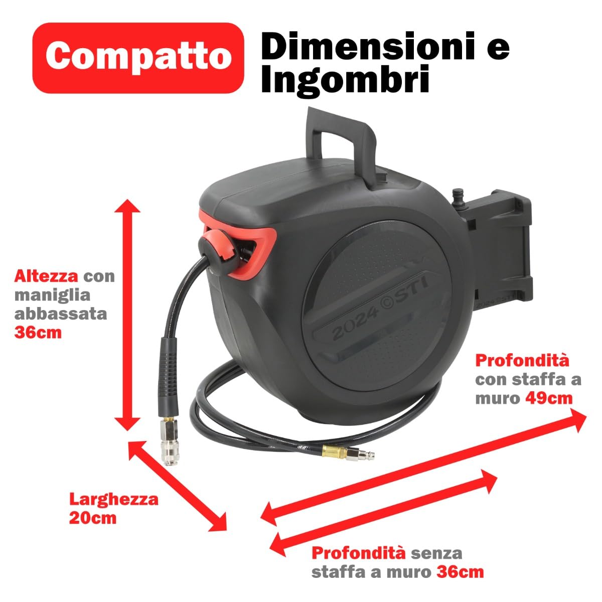 STI Avvolgitubo automatico per aria compressa 20m da Parete con Box e fissaggio a parete Tubo Aria 17 bar con attacchi rapidi da 1/4 di pollice e tubo da 3/8