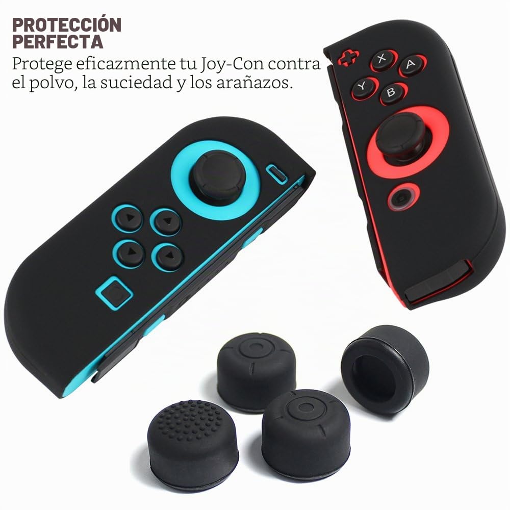 SENHAI Funda Aplicabilidad con Nintendo Switch Joy-con mandos con agarres de protección, 2 Pares de Funda de Silicona para joysticks con 16 Palos, Color Negro, Azul y Rojo