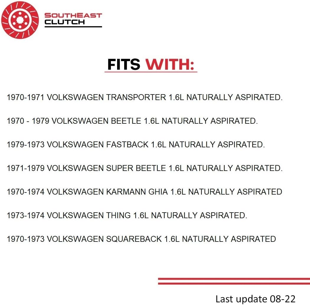 Clutch Kit Compatible With Beetle Fastback Karmann Ghia Base Sedan Convertible 211 215 261 265 1970-1979 1.6L H4 GAS Naturally Aspirated (Stage 1; Flywheel Spec: -0.83; From 9/70; 17-013R)