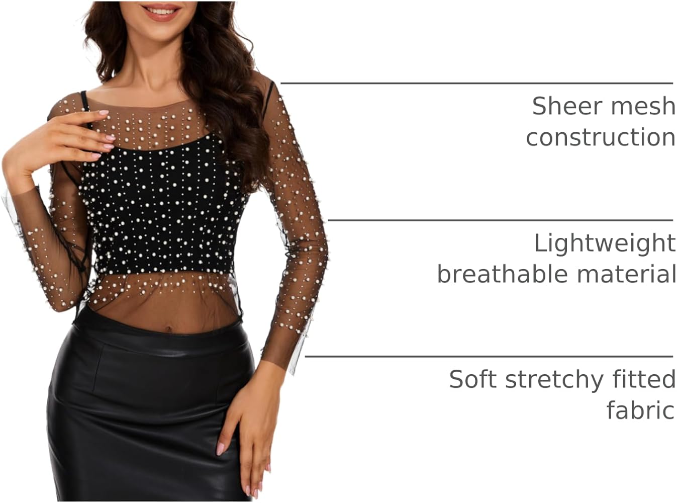 トップス melt the lady eyelet sheer tops Fuimsul Women Sexy Mesh Sheer Pearl Rhinestone Crop T Shirt