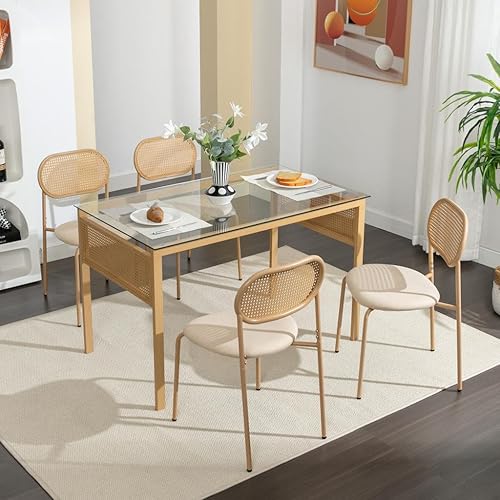 Miniatura 7 de COSVALVE Juego de 4 sillas de comedor boho con respaldo de ratán, asientos tapizados de caña y patas de metal, perfectas para cena, sala de estar o