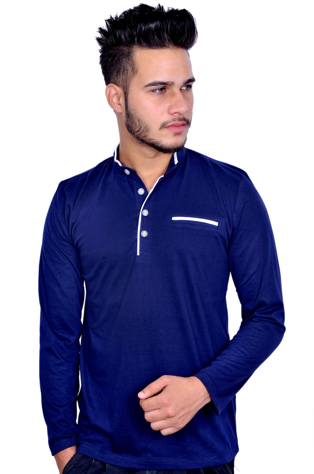 PEAK MOUNT Solid Men Mandarin Collar White and Navy Blue Full Sleeve T-Shirt (6TS- XXL)