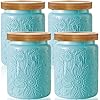 GoldArea 4 Pack Kitchen Canisters, 25 oz Food Storage Jars with Airtight Seal Wooden Lids, Vintage Blue Glass Containers for Pantry Organization and Storage, Ideal for Flour, Candy, Tea, Spice Jar