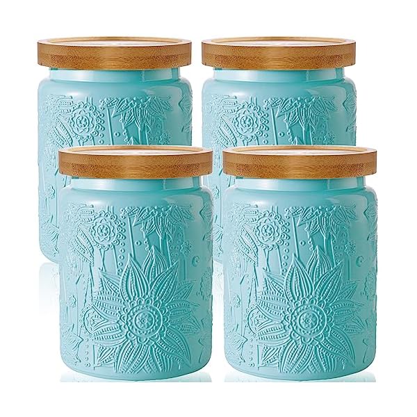 GoldArea 4 Pack Kitchen Canisters, 25 oz Food Storage Jars with Airtight Seal Wooden Lids, Vintage Blue Glass Containers for Pantry Organization and Storage, Ideal for Flour, Candy, Tea, Spice Jar