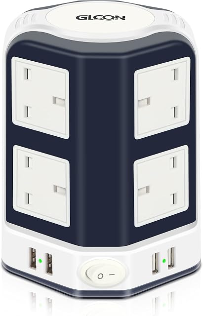 GLCON Tower Extension Lead 3M with USB Slots, 8 Way Compact Power Strip Surge Protected Extension Tower Multi-sockets (2500W) Desktop Charger with 3m Cords for PC TV Lamp Phone Laptop (Dark Blue)