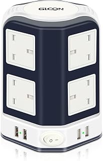 GLCON Tower Extension Lead 3M with USB Slots, 8 Way Compact Power Strip Surge Protected Extension Tower Multi-sockets (2500W) Desktop Charger with 3m Cords for PC TV Lamp Phone Laptop (Dark Blue)