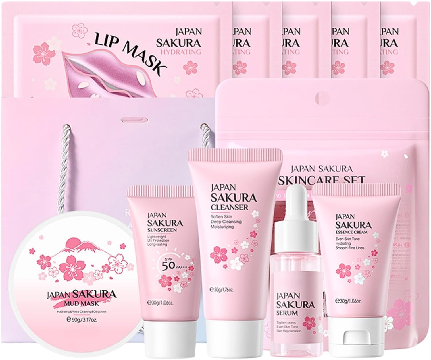 Skincare Gift Set for Teenage Girls, Cherry Blossom Skin Care Sets & Kits, Pamper Sets for Women Gifts, Travel Skincare Sets, Facial Kit – Cream,Serum,Cleanser,Sunscreen,Mud Mask,Lip Masks