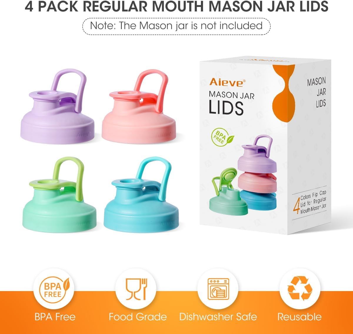 AIEVE Mason Jar Pour Spout Lid, 4 Pack Regular Mouth Mason Jar Lids with Flip Top,Reusable and Leak-Proof Plastic Canning Pitcher Lids tor Milk, Coffee, Juice, Lemonade,Colorful(Jars not Included)