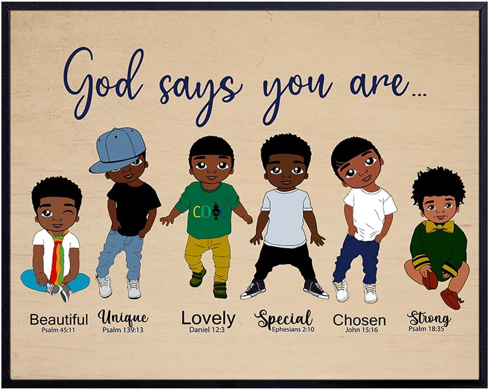 African American Boys Wall Art LARGE 11x14 - Christian Gifts - Bible Verse - Religious Wall Decor for Boys Room - Scripture Wall Art - Black Art - Inspirational Quotes - Bedroom Decor - God Wall Decor