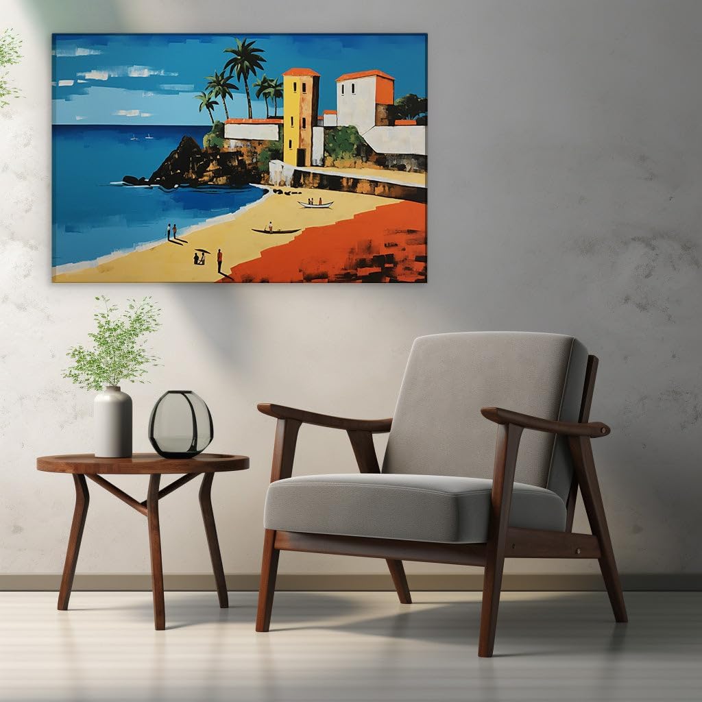 Canvas for Living room. Sunny Shores and Serene Vistas: A Lively Beach Scene Comes to Life in Digital Artistry, 27 x 18 inch Canvas Wall Art - Seascapes And Ocean - Modern Home Decor