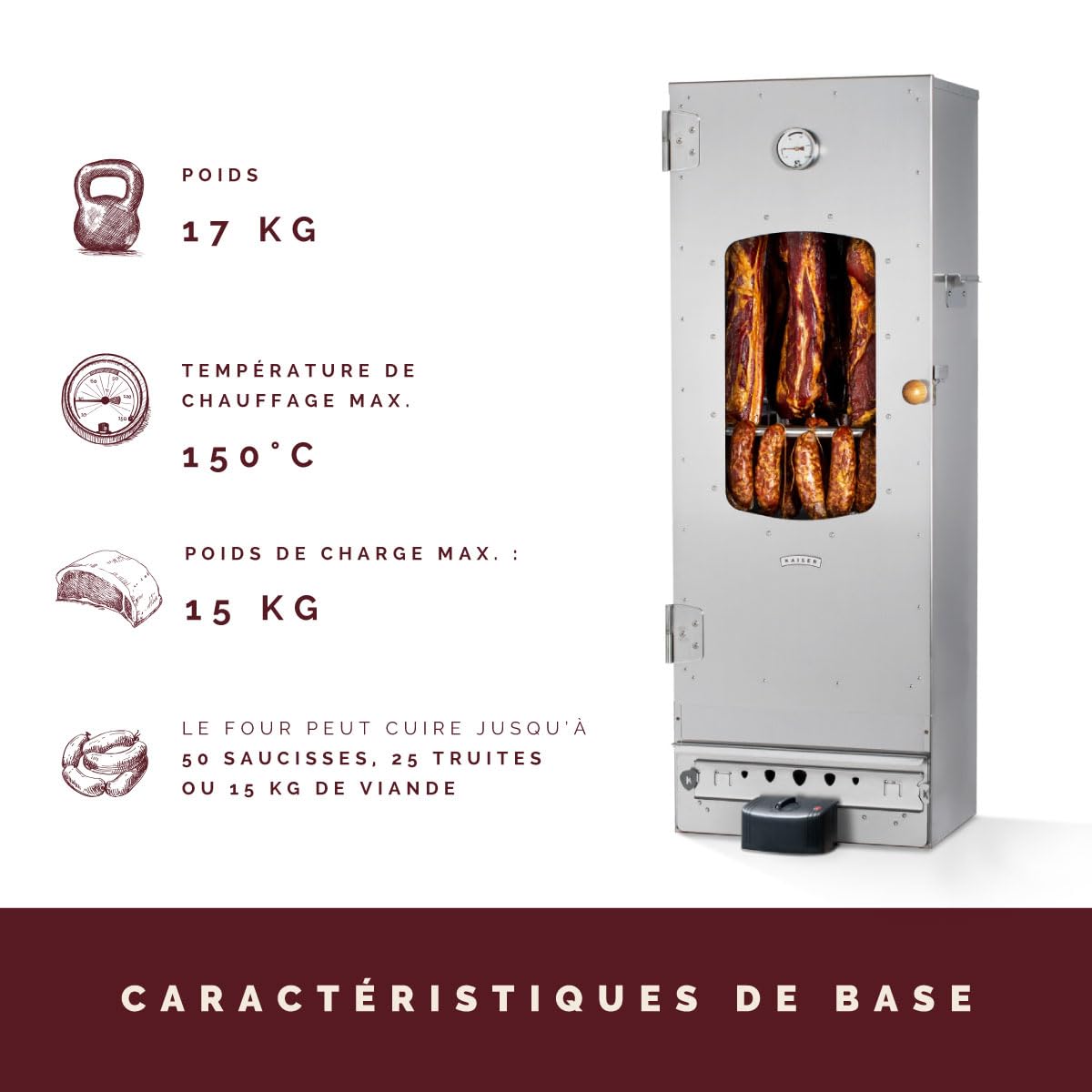 Fumoir électrique de haute qualité KAISER COMPANY '100' l Ce fumoir est fabriqué en acier inoxydable I Fumoir portable de 110 cm I Idéal pour fumer I Il peut accueillir jusqu'à 15 kg de viande