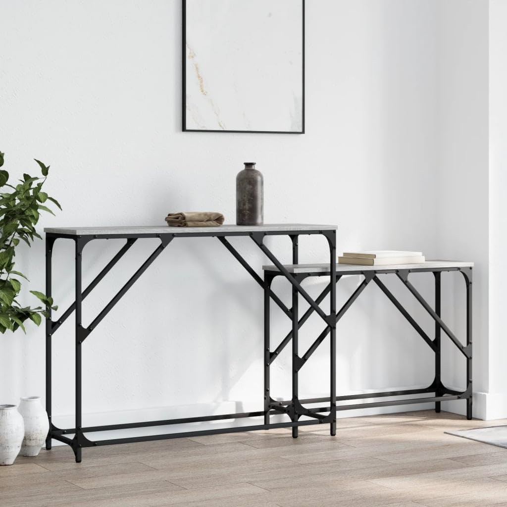 SXZenSpace 2pc Nesting Console Tables Grey Sonoma Wood 100x28x75 & 80x22x60 cm Metal Frame Industrial Set Living Room Hall