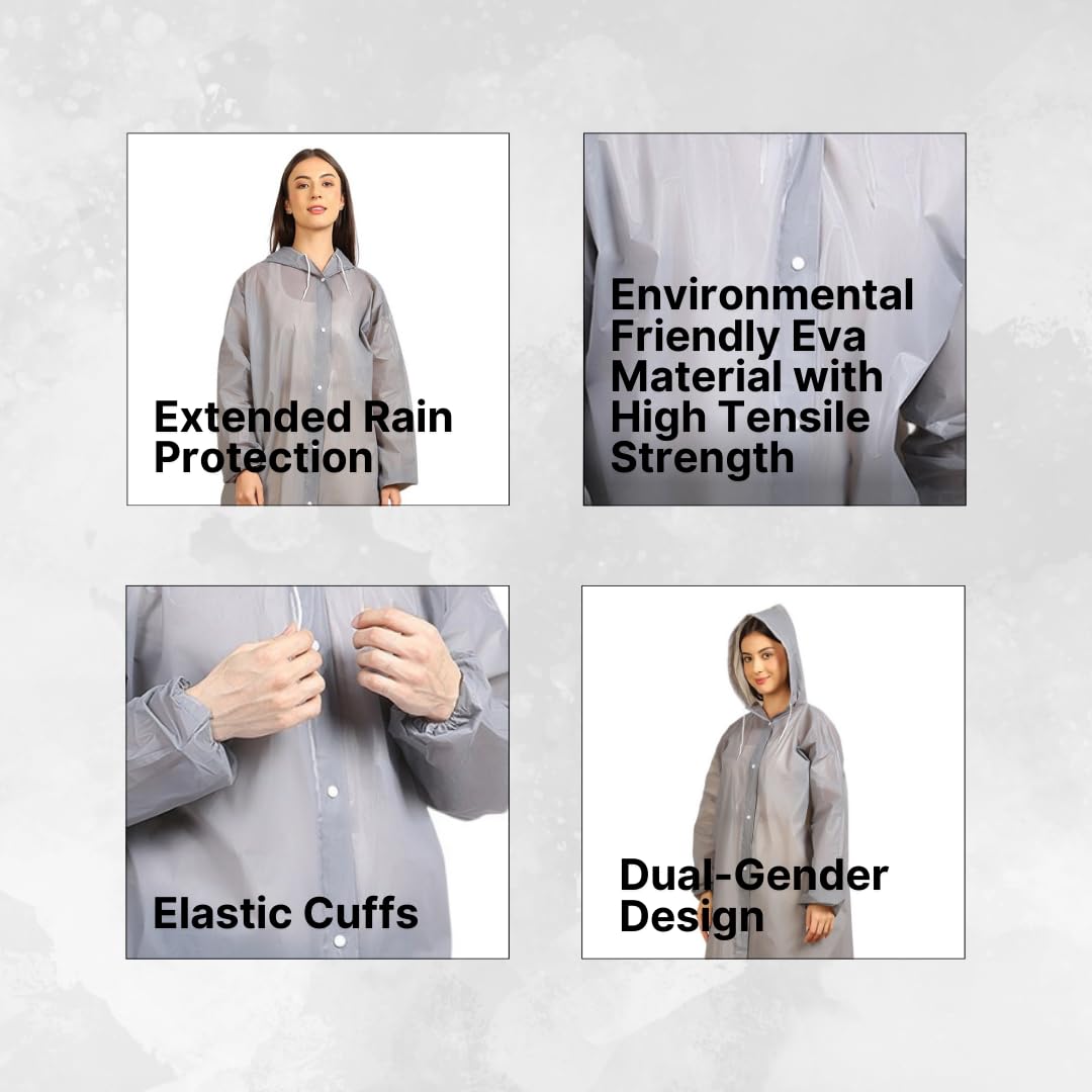Citizen Eco-Friendly EVA Poncho Raincoat for Men & Women, Lightweight Waterproof Coat with Hood, Adjustable Drawstring, Button Closure Reusable & Durable Outdoor Rainwear-Grey 1