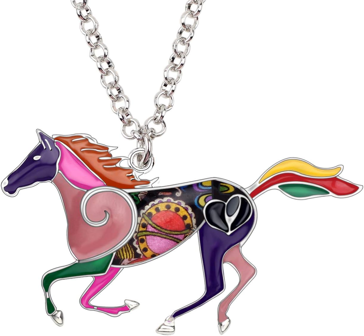 BONSNY Enamel Running Horse Necklace Pendant Chain Zinc Alloy Animal Lovers Design 18"